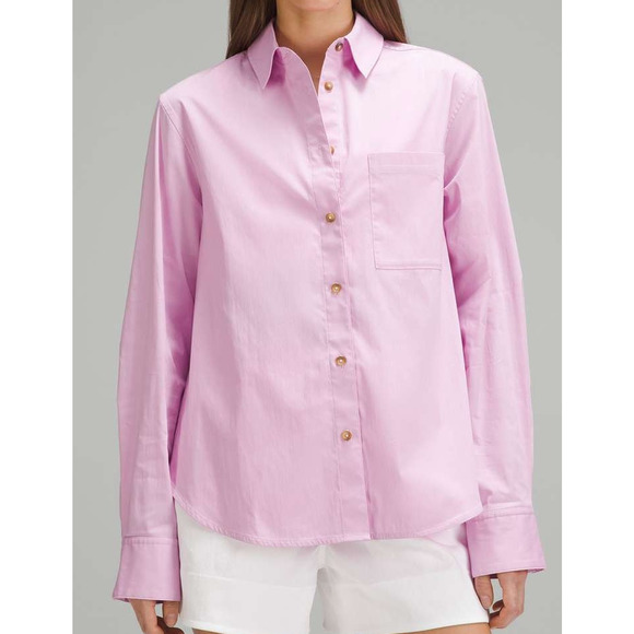 Lululemon Relaxed-Fit Cotton-Blend Poplin Button-Down Shirt Vitapink - large fit - Picture 2 of 7